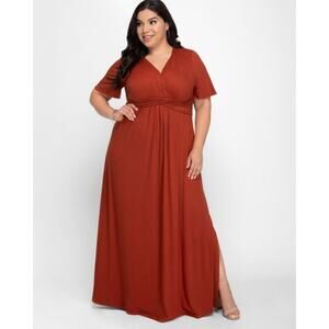 Kiyonna Dress Maxi 1X Amber Orange Desert Rain Style Flutter Sleeves Stretch